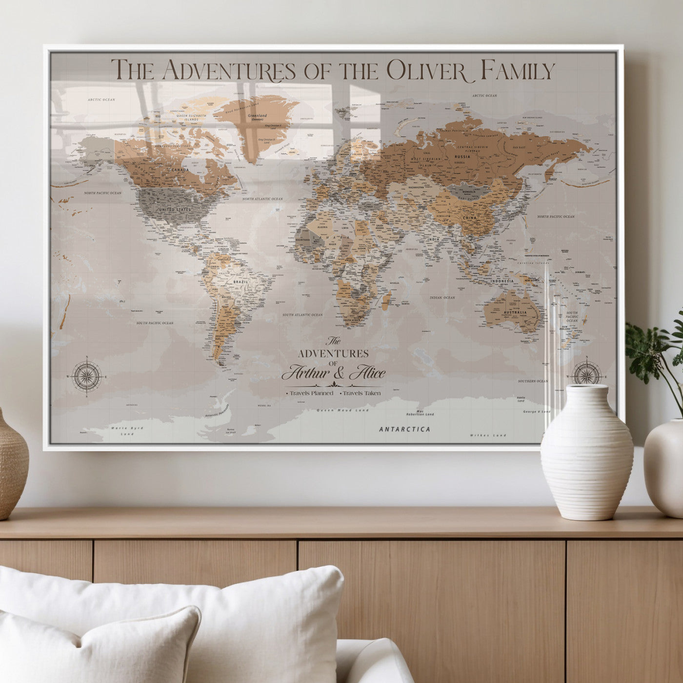 34289723-MGV-FP-36X24-3P_White-Personalized World Map Wall Art – Elegant Beige and Brown Adventure Map Canvas Print for Family Home, Living Room, Study or Office