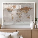 34289723-MGV-FP-36X24-3P_White-Personalized World Map Wall Art – Elegant Beige and Brown Adventure Map Canvas Print for Family Home, Living Room, Study or Office