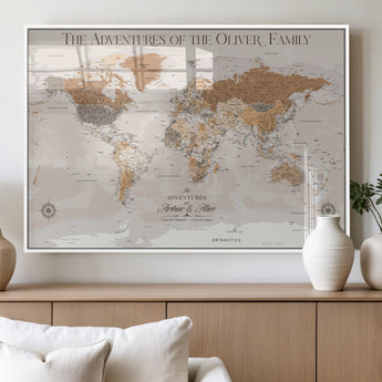 34289723-MGV-FP-36X24-3P_White-Personalized World Map Wall Art – Elegant Beige and Brown Adventure Map Canvas Print for Family Home, Living Room, Study or Office