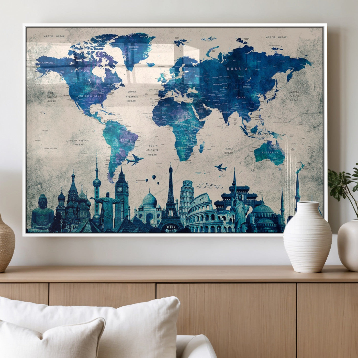 MGV-FP-36X24-3P - Blue World Map Wall Art Canvas Print, Framed Iconic Landmarks Art Picture Print, Blue Globe Map Perfect Elegant Explorer Decor Artwork