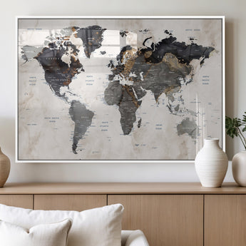 MGV-FP-36X24-3P - World Map Wall Art Canvas Print, Framed Rustic Map Art Picture Print, Antique Map Perfect Rustic Explorer Decor Artwork