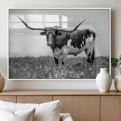 83785-MGV-FP-36X24-3P_White-Texas Longhorn Wall Art Canvas Print, Framed Horned Bull Art Picture Print, Monochrome Cattle Perfect Rustic Western Decor Artwork