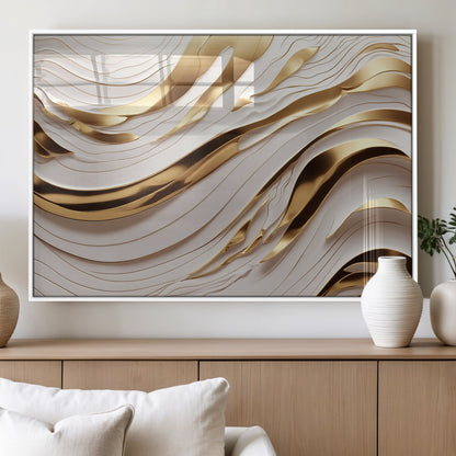 41237-MGV-FP-36X24-3P_White-Gold Waves Wall Art Canvas Print, Framed Elegant Flow Art Picture Print, Luxury Layers Perfect Minimal Luxe Decor Artwork