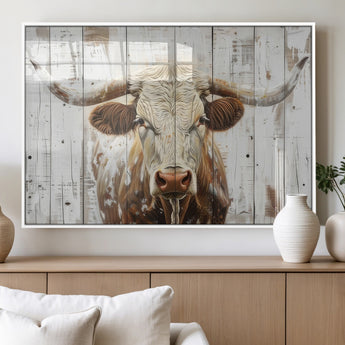 10840-MGV-FP-36X24-3P_White-Texas Longhorn Wall Art Canvas Print, Framed Rustic Bull Art Picture Print, Western Cattle Perfect Rustic Western Decor Artwork
