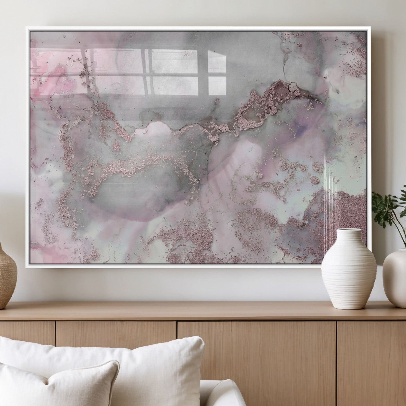 16416-MGV-FP-36X24-3P_White-Blush Marble Wall Art Canvas Print, Framed Rose Gold Art Picture Print, Pink Cloudy Perfect Modern Glam Decor Artwork