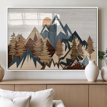 80300-MGV-FP-36X24-3P_White-Geometric Mountains Wall Art Canvas Print, Framed Stylized Trees Art Picture Print, Graphic Forest Perfect Rustic Abstract Decor