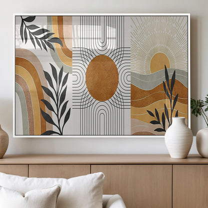 32359-MGV-FP-36X24-3P_White-Modern Sun Wall Art Canvas Print, Framed Retro Horizon Art Picture Print, Sunburst Design Perfect Mid Century Boho Decor Artwork