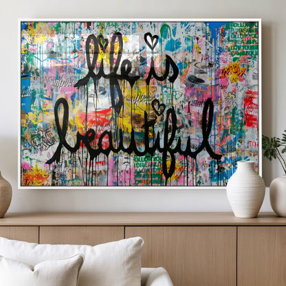 36856-MGV-FP-60X30-3P_White-Life Is Beautiful Wall Art – Colorful Graffiti Canvas Print, Modern Street Style Artwork, Inspirational Decor for Living Room,