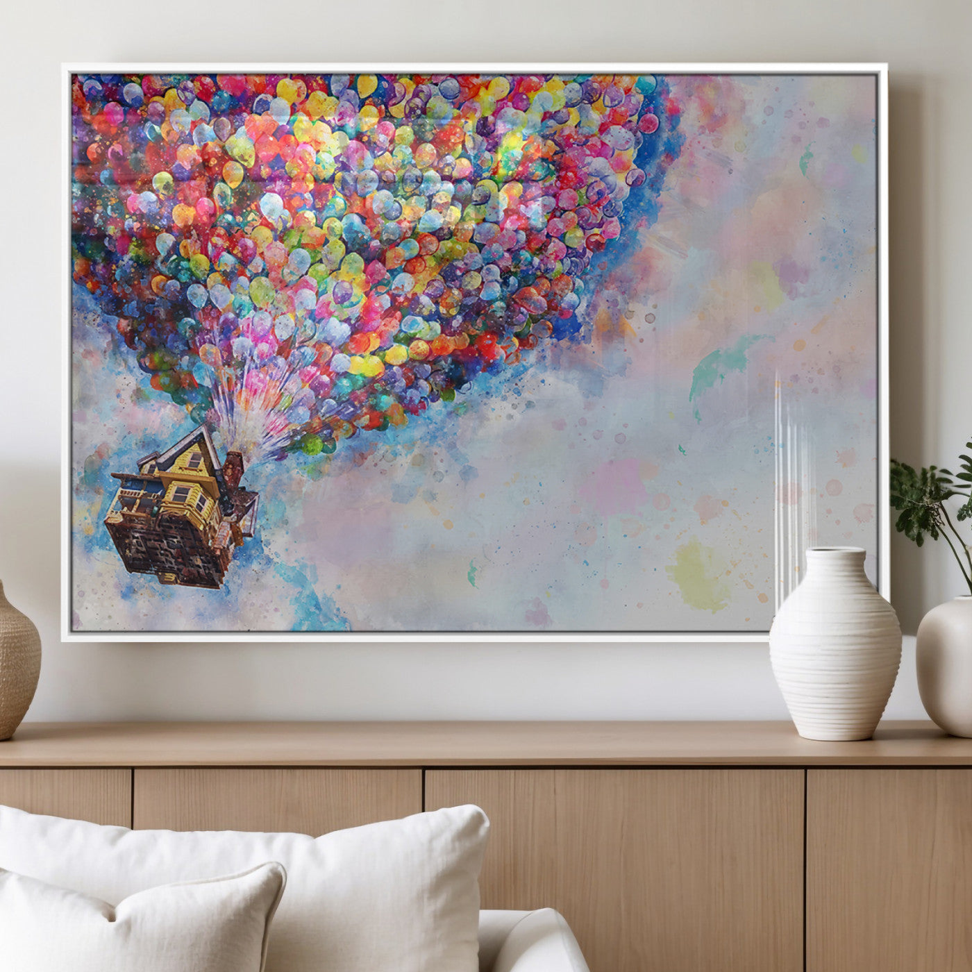 18792-MGV-FP-60X30-3P_White-Up Movie House Wall Art Canvas Print, Framed Carls Journey Art Picture Print, Up Inspired Perfect Animated Whimsical Decor Artwork