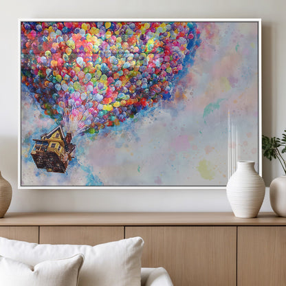 18792-MGV-FP-60X30-3P_White-Up Movie House Wall Art Canvas Print, Framed Carls Journey Art Picture Print, Up Inspired Perfect Animated Whimsical Decor Artwork