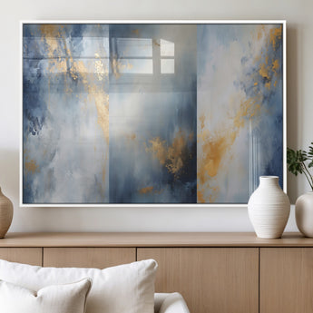 41836-MGV-FP-36X24-3P_White-Abstract Gold Wall Art Canvas Print, Framed Blue Layers Art Picture Print, Elegant Cloud Perfect Elegant Minimalist Decor Artwork