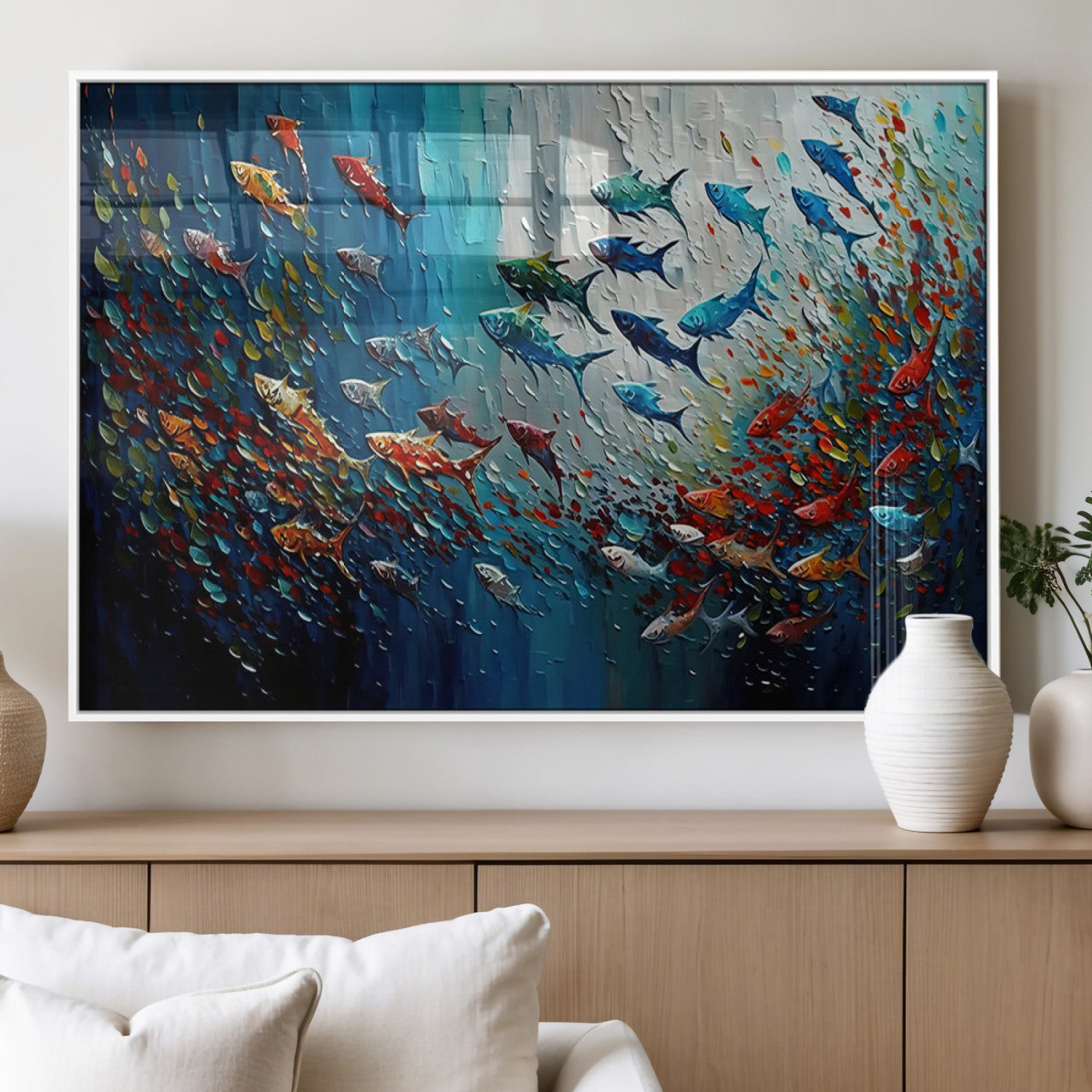 89626-MGV-FP-60X30-3P_White-Fish Swarm Wall Art Canvas Print, Framed Abstract Ocean Art Picture Print, Underwater Life Perfect Vibrant Coastal Decor Artwork