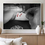 62460-MGV-FP-36X24-3P_White-Poker Game Wall Art – Close Up of Hands Holding Aces with Chips, Casino Style Decor for Game Room, Man Cave or Office