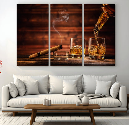 91042-MGV-CV-36X24-Whiskey & Cigar Wall Art – Elegant Whiskey Pour and Smoldering Cigar Canvas Print, Sophisticated Bar or Lounge Decor for Home,