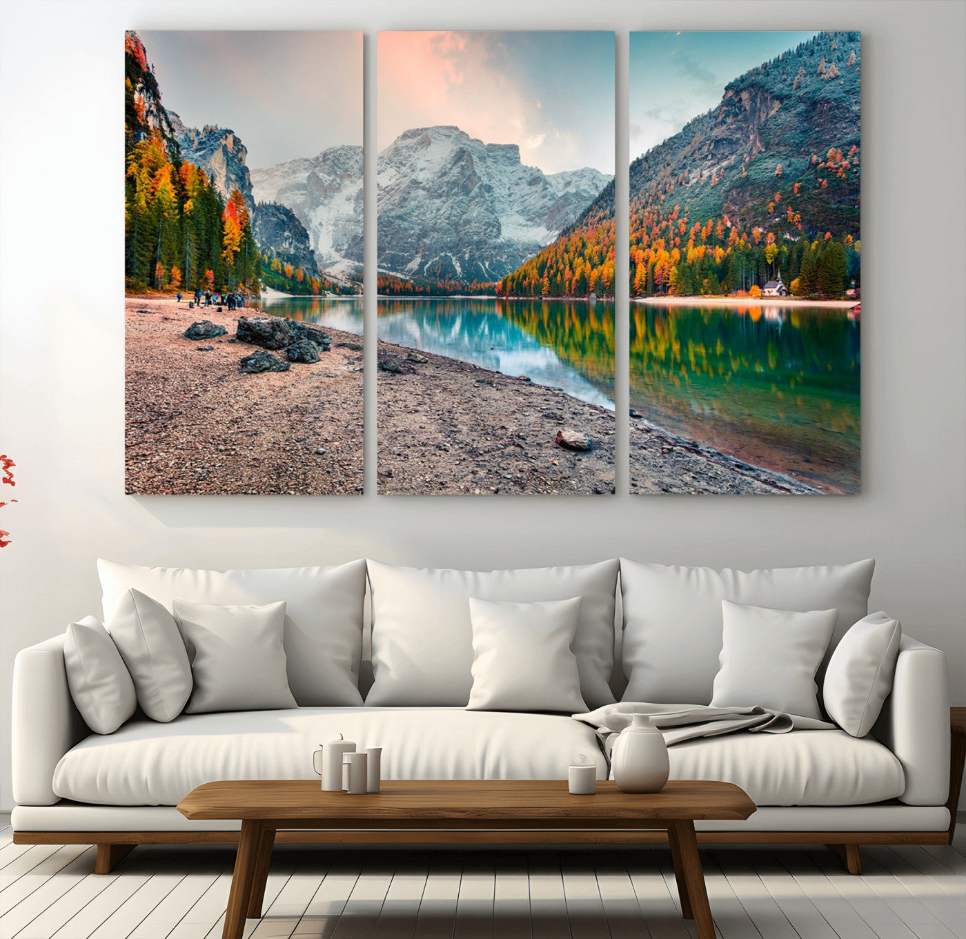 25982-MGV-CV-36X24-Autumn Mountain Lake Wall Art – Panoramic Fall Foliage and Snowy Peaks Canvas Print, Scenic Nature Decor for Living Room or Office