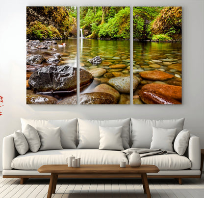 98096-MGV-CV-36X24-Serene River Waterfall Nature Photo – Calm Clear Water, Vibrant Green Forest and Smooth Stones Landscape Wall Art for Home or