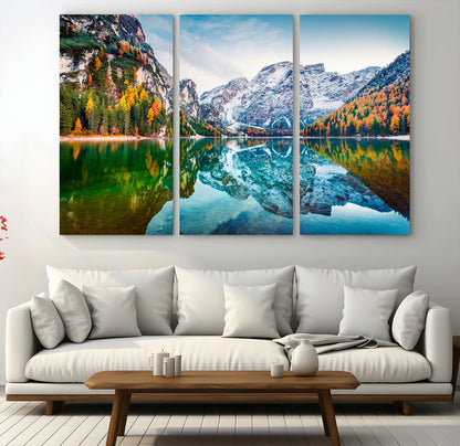 10402-MGV-CV-36X24-Snowy Mountain Lake Wall Art – Autumn Landscape Canvas Print with Reflection, Nature Decor for Living Room, Office, Bedroom or