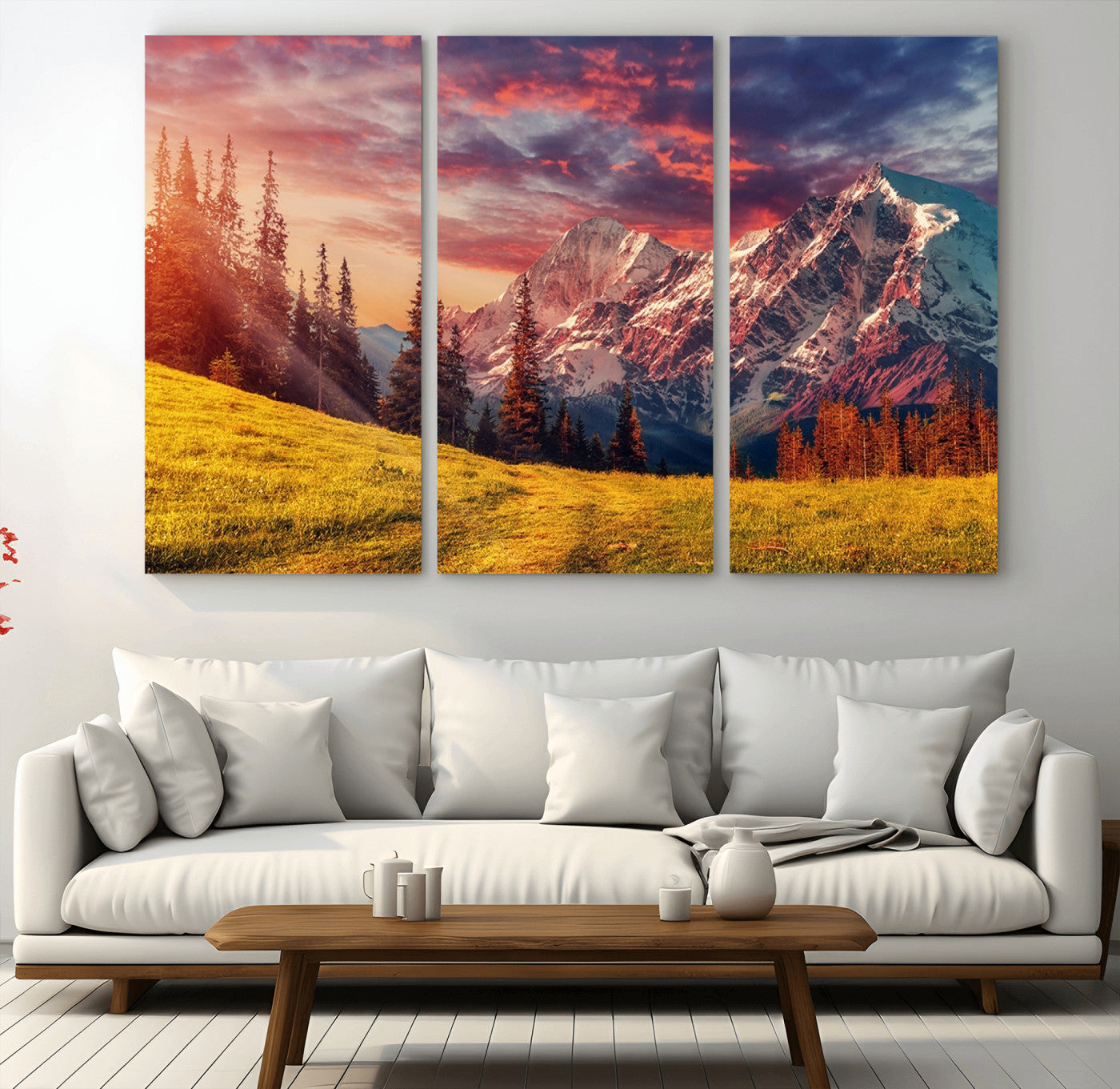 83947-MGV-CV-36X24-Sunset Mountain Landscape Wall Art – Panoramic Alpine Meadow and Snow Capped Peaks Canvas Print, Nature Scenic Decor for Home,