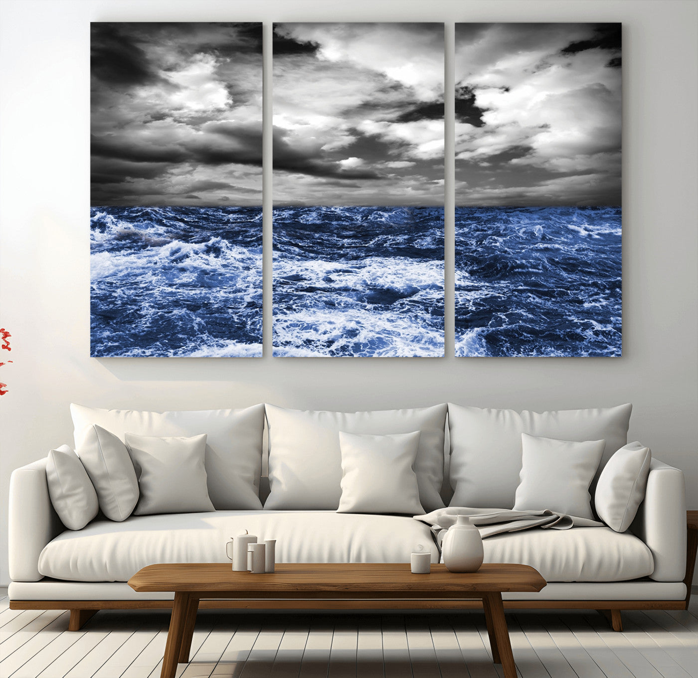 36012-MGV-CV-36X24-Dramatic Stormy Ocean Waves Black and White with Deep Blue Highlights – Moody Seascape Wall Art, Nature Photography Print for Home