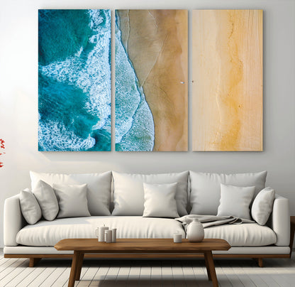 46640-MGV-CV-36X24-Aerial Beach Wall Art – Turquoise Waves and Golden Sand Canvas Print with Lone Surfer, Coastal Ocean Decor for Living Room,