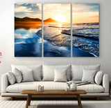 86173-MGV-CV-36X24-Golden Sunset Beach Wall Art – Reflective Ocean Canvas Print with Mountains and Waves, Coastal Nature Decor for Living Room,