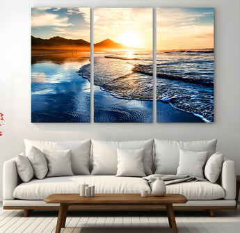 86173-MGV-CV-36X24-Golden Sunset Beach Wall Art – Reflective Ocean Canvas Print with Mountains and Waves, Coastal Nature Decor for Living Room,