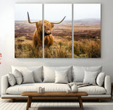 79391-MGV-CV-36X24-Majestic Highland Cow in Misty Scottish Moorland – Rustic Natural Charm, Perfect for Unique Home or Office Decor