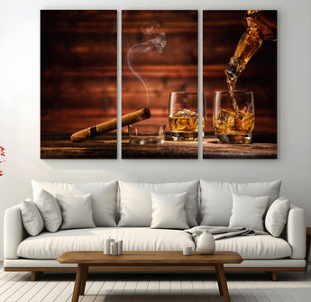41139-MGV-CV-36X24-Whiskey and Cigar Still Life – Glasses with Ice and Pouring Amber Drink on Wooden Table with Smoke, Elegant Bar or Lounge Wall