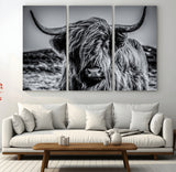 97372-MGV-CV-36X24-Elegant Highland Cow Wall Art – Black and White Canvas Print, Rustic Nature Decor for Home, Office, Living Room or Man Cave