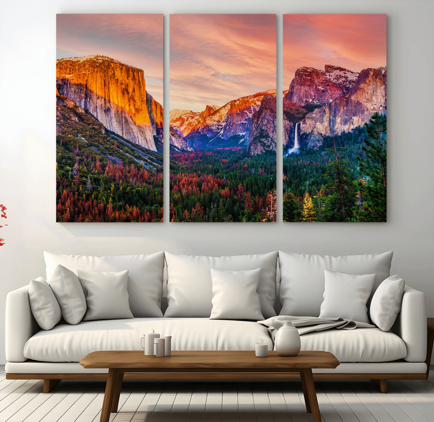 24519-MGV-CV-36X24-Yosemite Valley Sunset Wall Art – Majestic Mountain Landscape with Waterfall and Vibrant Sky, Nature Photography for Home or