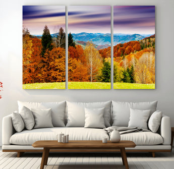 58007-MGV-CV-48X32-3P-Autumn Mountain Landscape Wall Art – Stunning Fall Forest Canvas Print, Cozy Nature Decor for Home or Office