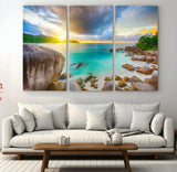 23769-MGV-CV-48X32-3P-Tropical Beach Sunset Wall Art – Ocean Waves and Rocky Shore Canvas Print, Coastal Seascape Photography Decor