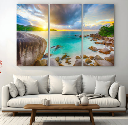 23769-MGV-CV-48X32-3P-Tropical Beach Sunset Wall Art – Ocean Waves and Rocky Shore Canvas Print, Coastal Seascape Photography Decor