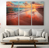 77723-MGV-CV-48X32-3P-Sunset Beach Wall Art – Vibrant Ocean Waves and Golden Horizon Canvas Print, Coastal Seascape Photography Home Decor