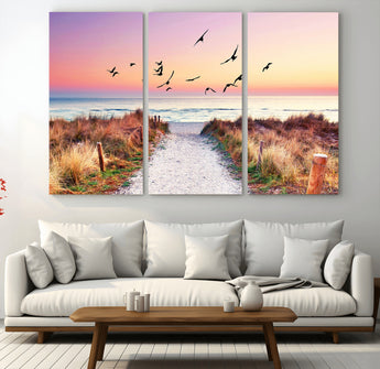 54411-MGV-CV-48X32-3P-Beach Path with Birds Wall Art – Coastal Sunset Ocean Canvas Print, Seaside Nature Landscape Photography for Living Room, Bedroom
