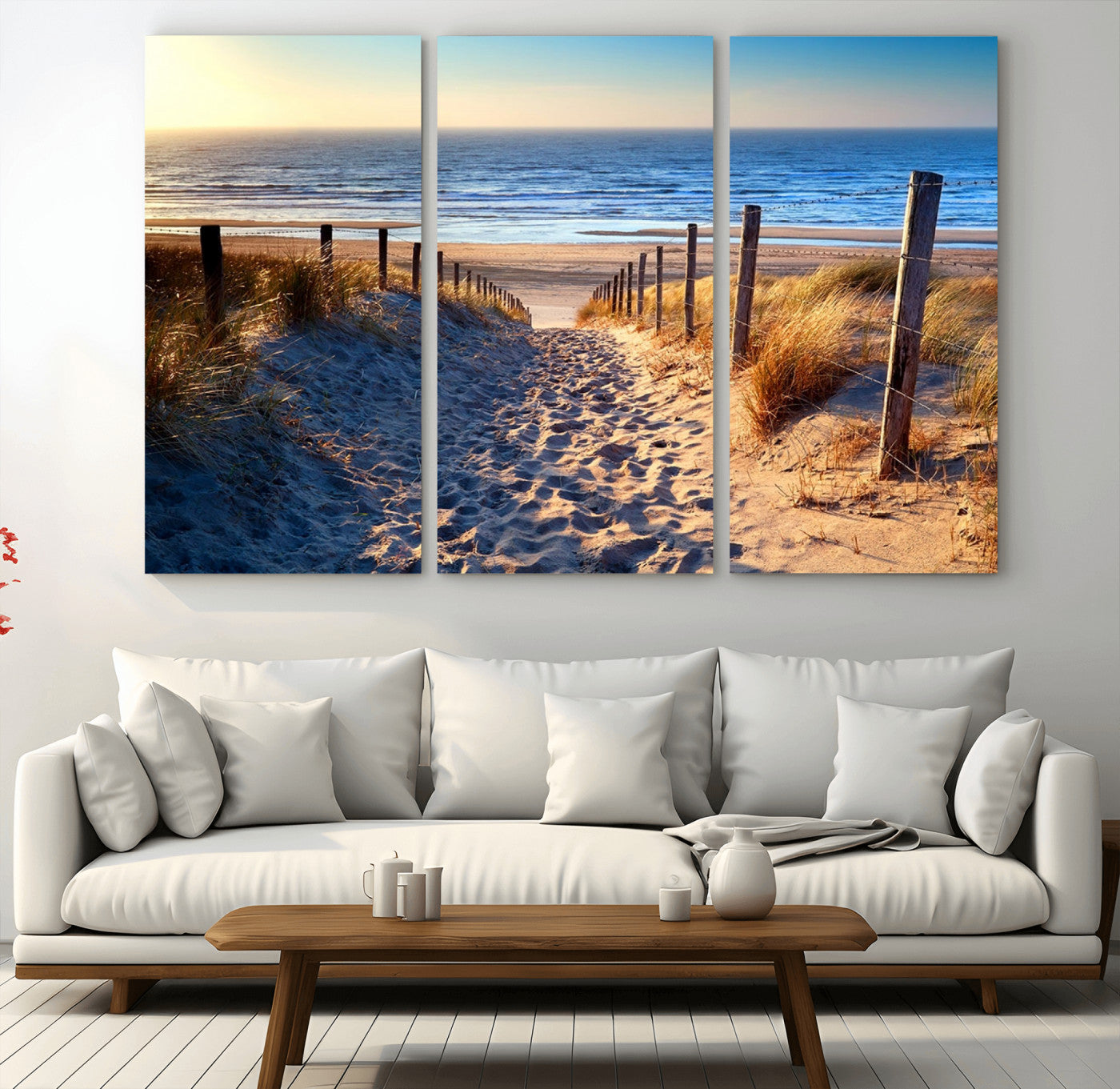 31889-MGV-CV-48X32-3P-Sandy Beach Pathway Wall Art – Coastal Dune Fence and Ocean View Canvas Print, Relaxing Seaside Landscape Decor for Living Room or