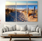 31889-MGV-CV-48X32-3P-Sandy Beach Pathway Wall Art – Coastal Dune Fence and Ocean View Canvas Print, Relaxing Seaside Landscape Decor for Living Room or