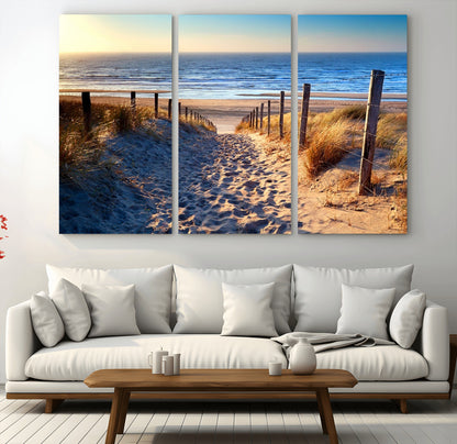 31889-MGV-CV-48X32-3P-Sandy Beach Pathway Wall Art – Coastal Dune Fence and Ocean View Canvas Print, Relaxing Seaside Landscape Decor for Living Room or