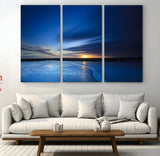 65405-MGV-CV-48X32-3P-Blue Sunrise Seascape Wall Art – Tranquil Ocean Horizon Canvas Print with Golden Sunlight and Deep Sky, Coastal Landscape Decor