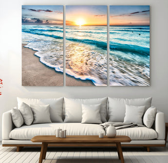 27815-MGV-CV-48X32-3P-Ocean Sunrise Beach Wall Art – Serene Coastal Canvas Print with Waves and Golden Morning Light, Relaxing Seascape Decor for
