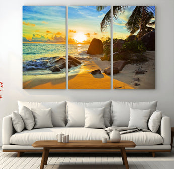 26181-MGV-CV-48X32-3P-Golden Tropical Sunset Beach Wall Art – Ocean Canvas Print with Palm Trees and Rocks, Coastal Paradise Decor for Living Room or