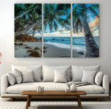 39679-MGV-CV-48X32-3P-Tropical Palm Beach Wall Art – Serene Ocean Canvas Print with Palm Trees and Rocks, Coastal Paradise Decor for Living Room or