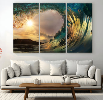 38256-MGV-CV-48X32-3P-Ocean Wave Wall Art – Stunning Sunrise Through Curling Wave Canvas Print, Coastal Surf Photography Seascape Decor for Living Room,