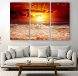 60211-MGV-CV-48X32-3P-Fiery Sunset Ocean Wall Art – Red Sky Seascape Canvas Print with Waves, Bold Coastal Sunset Decor for Living Room or Bedroom