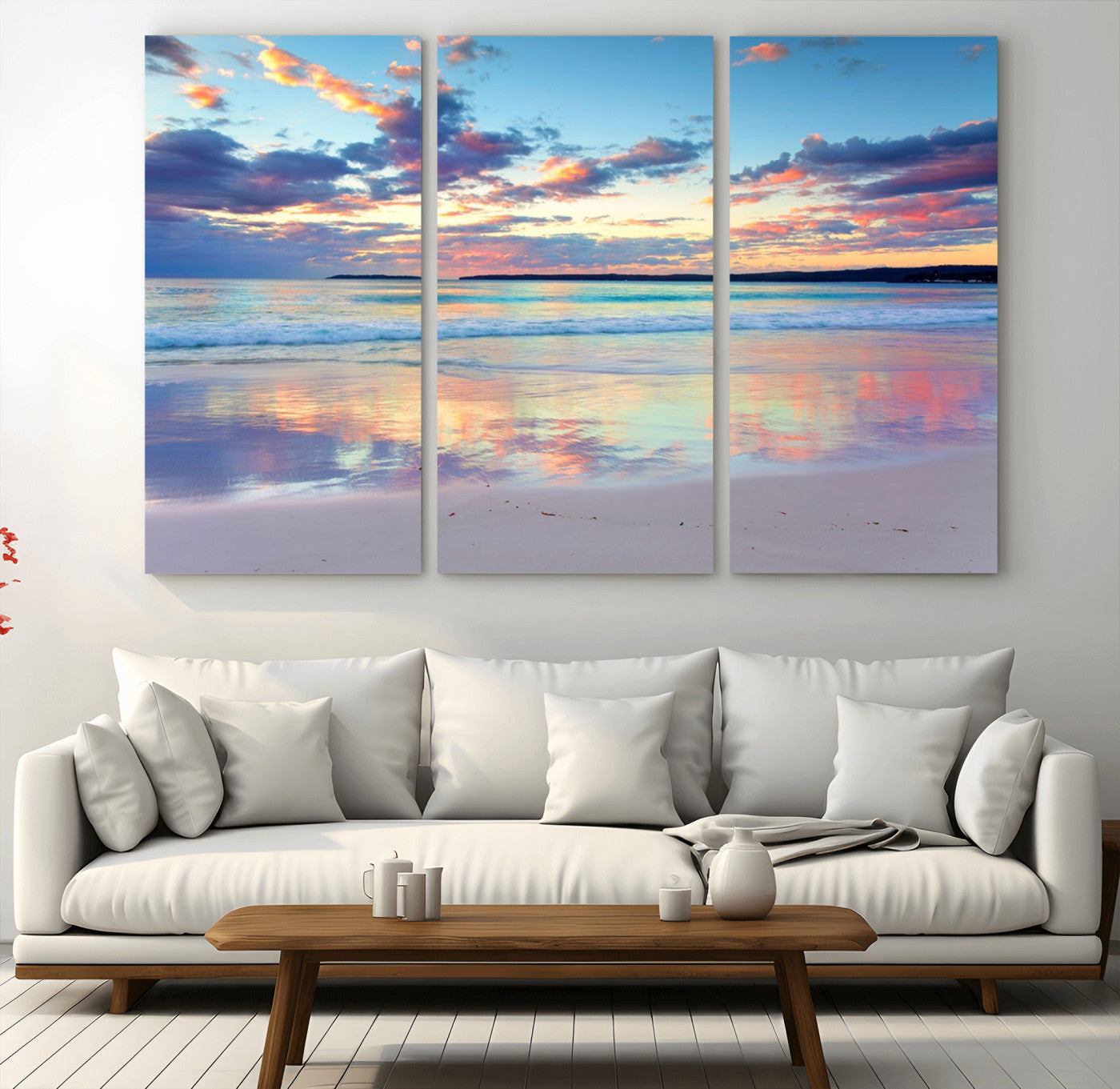 56723-MGV-CV-48X32-3P-Serene Sunset Beach Wall Art – Panoramic Coastal Canvas Print, Peaceful Ocean Reflection Decor for Living Room, Bedroom or Office
