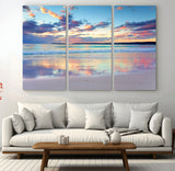 56723-MGV-CV-48X32-3P-Serene Sunset Beach Wall Art – Panoramic Coastal Canvas Print, Peaceful Ocean Reflection Decor for Living Room, Bedroom or Office