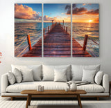 28836-MGV-CV-48X32-3P-Ocean Pier Sunset Wall Art – Wooden Dock and Golden Horizon Canvas Print, Coastal Seascape Photography for Living Room, Bedroom,