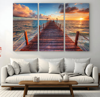 28836-MGV-CV-48X32-3P-Ocean Pier Sunset Wall Art – Wooden Dock and Golden Horizon Canvas Print, Coastal Seascape Photography for Living Room, Bedroom,