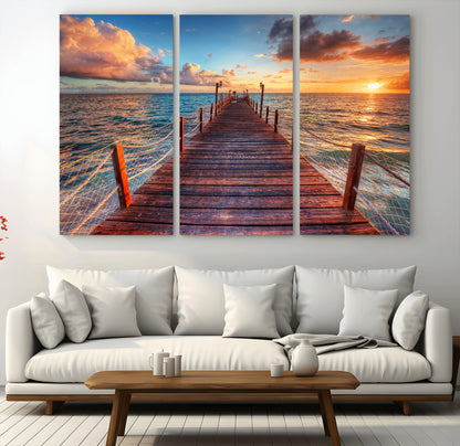 28836-MGV-CV-48X32-3P-Ocean Pier Sunset Wall Art – Wooden Dock and Golden Horizon Canvas Print, Coastal Seascape Photography for Living Room, Bedroom,