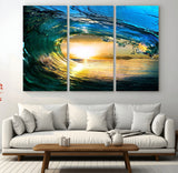 19378-MGV-CV-48X32-3P-Ocean Wave Sunset Wall Art – Vibrant Surf and Golden Horizon Canvas Print, Coastal Seascape Photography for Living Room, Bedroom,